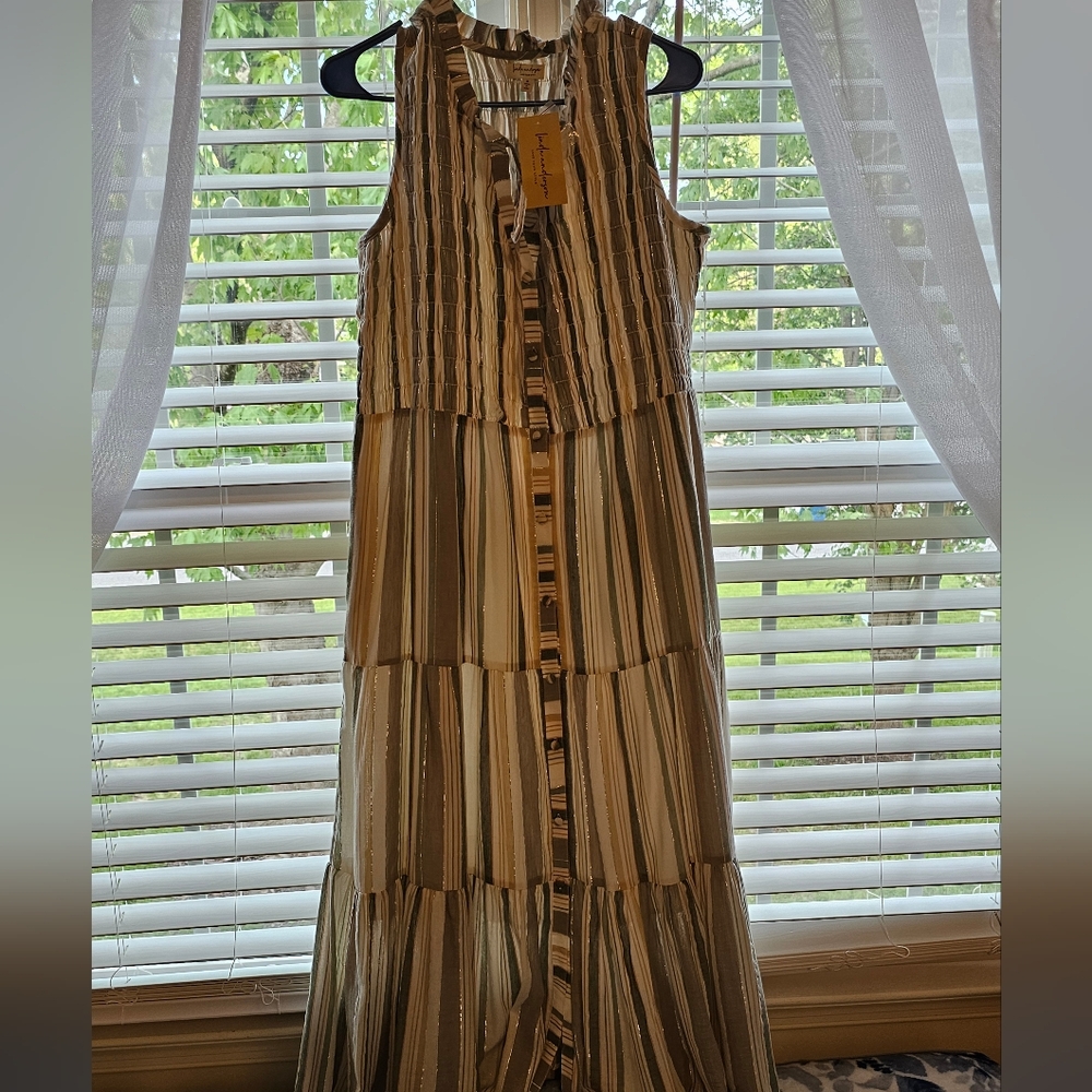 Green, Silver, White, and Peach Striped Button Down Rufflr Sleeveless Maxi Dress - Picture 2 of 8
